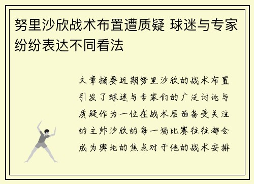 努里沙欣战术布置遭质疑 球迷与专家纷纷表达不同看法
